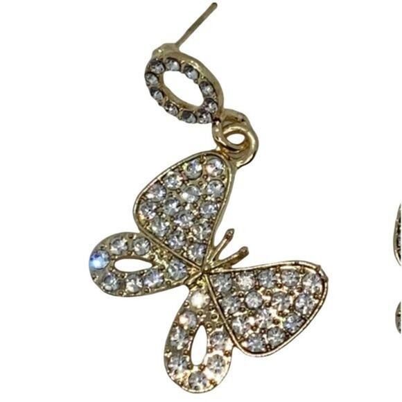 NWT Gold-Tone Clear Rhinestone Dangle Butterfly Earrings - Picture 6 of 7